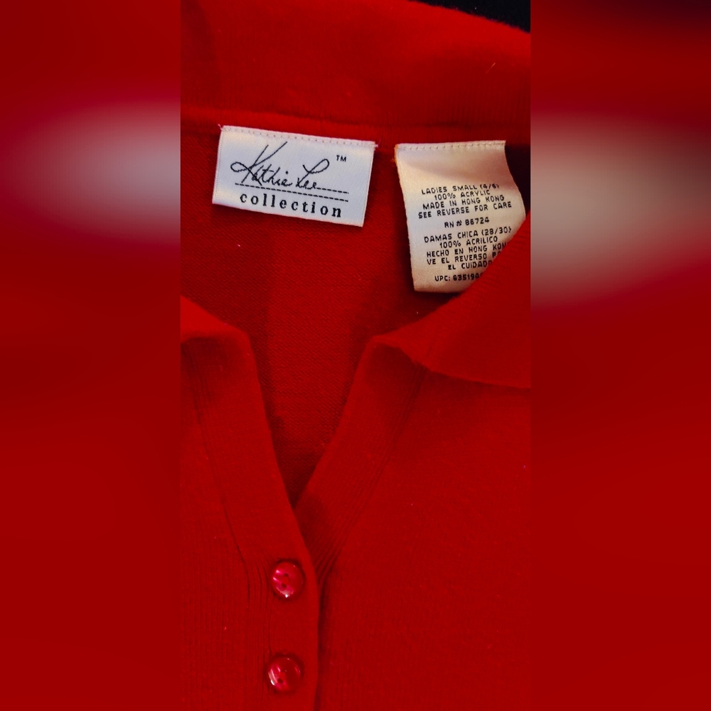 Kathie Lee Collection V-Neck Red Collared Sweater Office Top Size Small 4-6